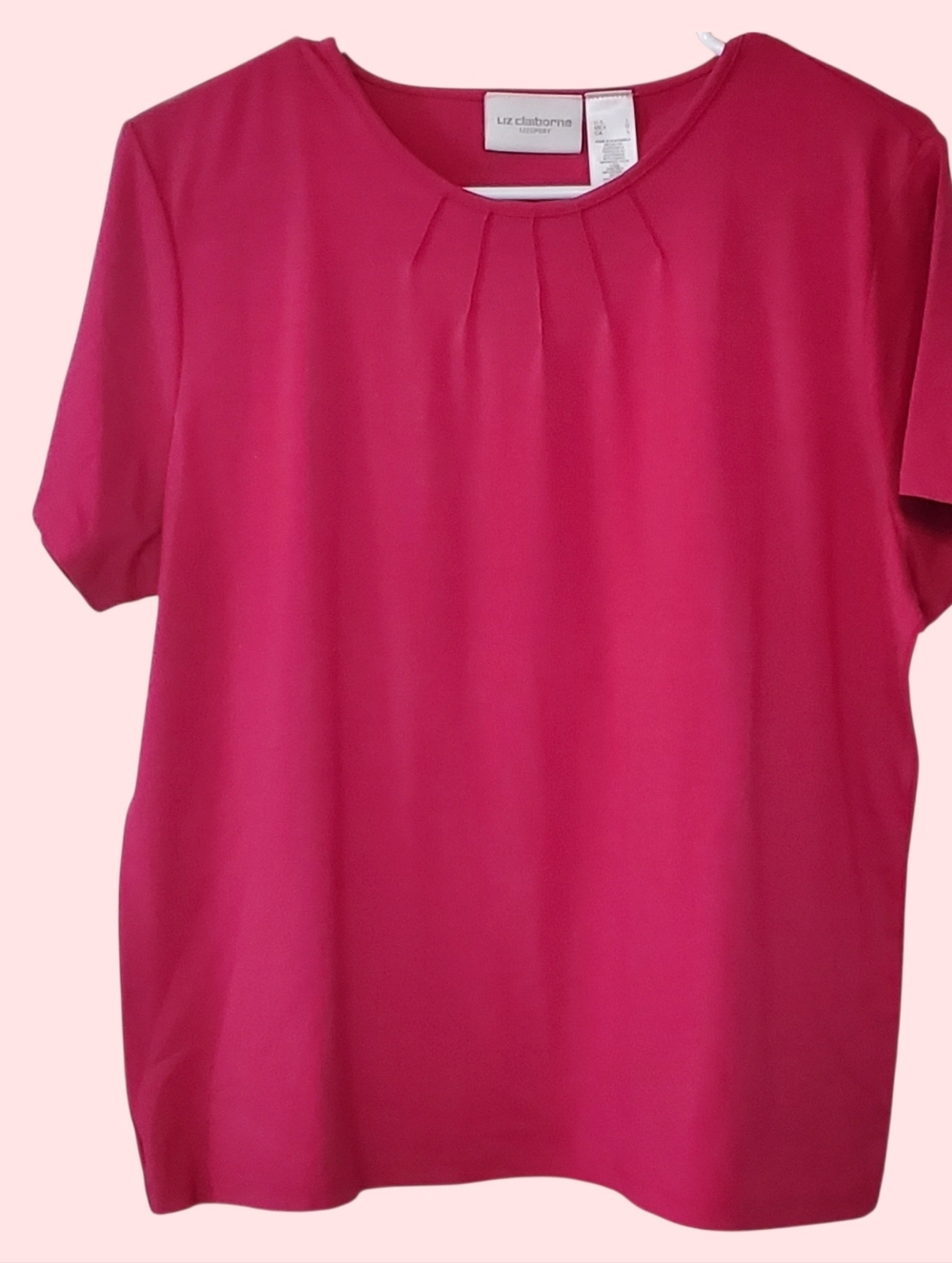 Liz Claiborne Hot Pink Short Sleeve Pleat-Neck Top Sz L